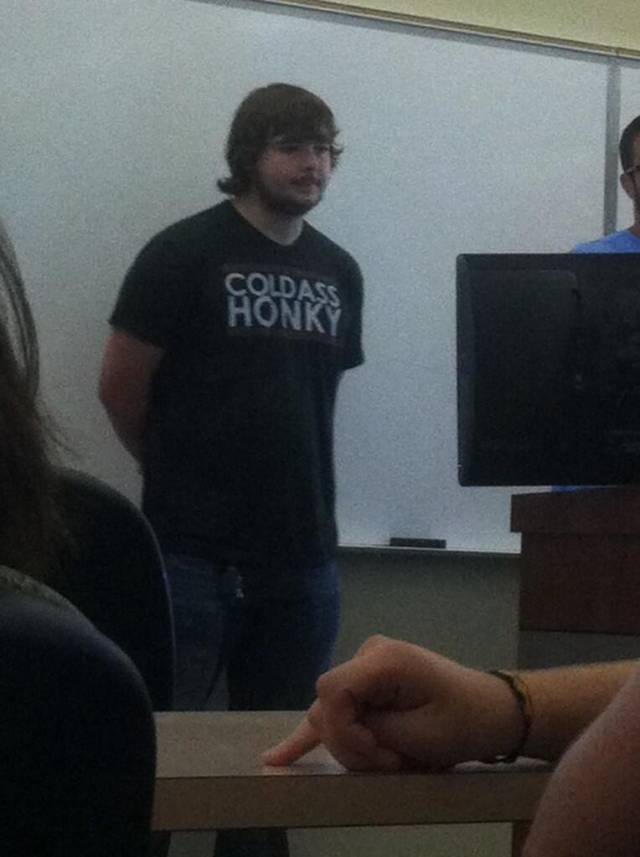 My friend couldn't have chosen a better shirt to wear during a class presentation