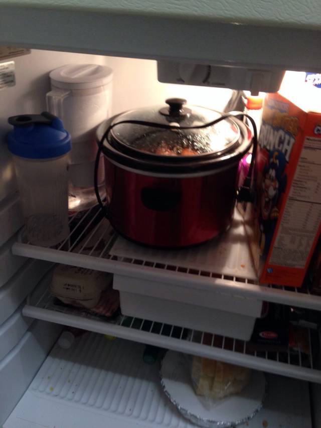 I made pork roast for my roommate and I. After we ate I asked if he would put it away because I was going to sleep. I opened my fridge this morning to this...