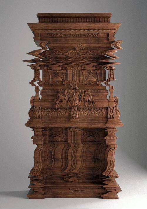 This wooden cabinet was intricately carved to look like a digital glitch.