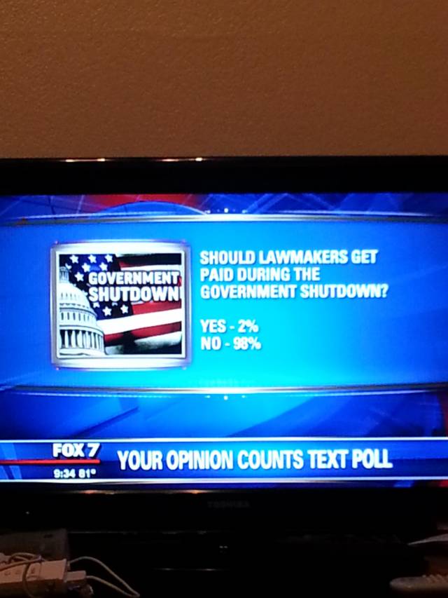 My local news station took a poll about the government shutdown. It looks fairly representative.