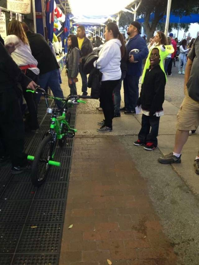 Friend won this bike at the Texas State Fair and gave it to this kid, best face ever.