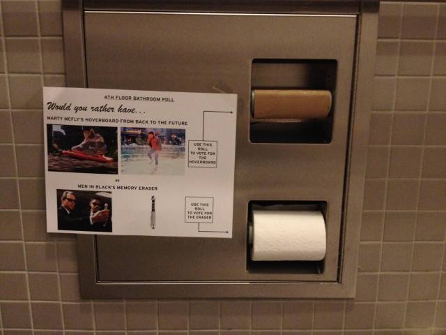 Inspired by yesterday's toilet paper post, I'm now using the double-rolled bathroom stall as a polling device
