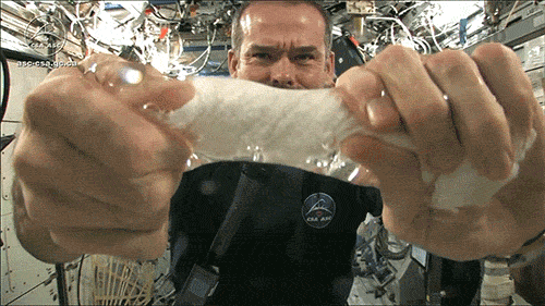gifWringing out a washcloth in space.