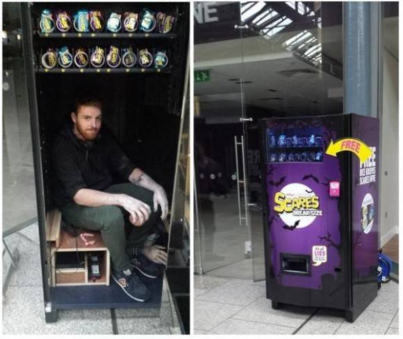 My friend works inside a vending machine. As a Halloween publicity stunt for a snack, he grabs people’s hands when they try to use it. Must be the smallest office in the world...