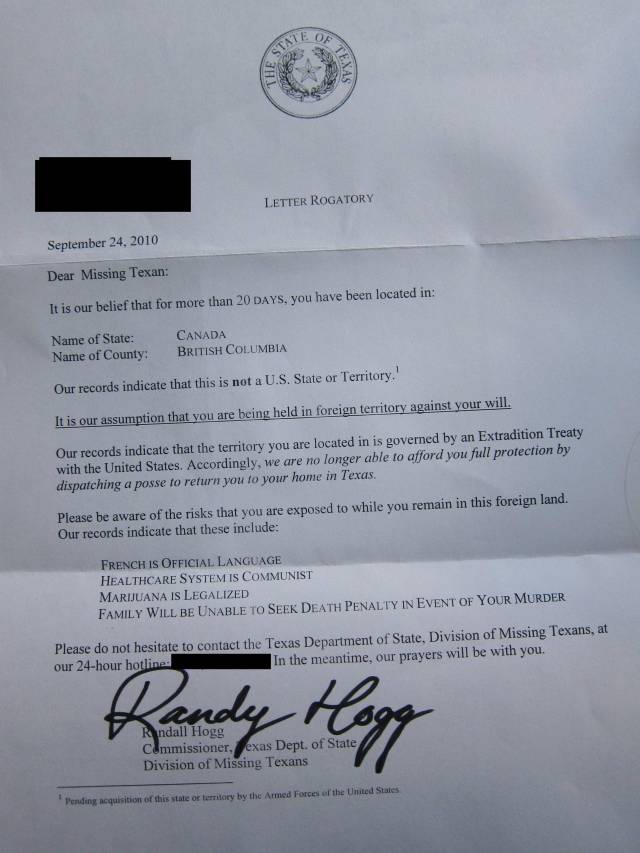 Dear Missing Texan...