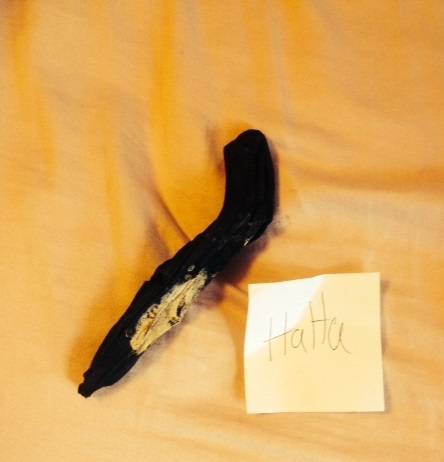 Went to put on my boots for the first time since last fall... I pulled out what looked to be an ancient moldy banana and a note in my mom's handwriting. I think I missed this joke by about a year...