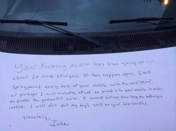 My friend came back from an overnight shift to find this message written in permanent marker on his van.