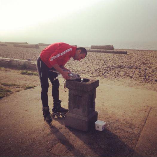So this guy just rollerblades up to the fountain with an injured seagull and holds it while it drinks from the fountain