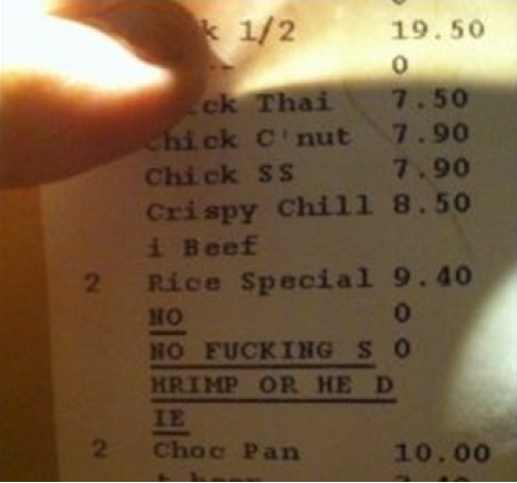 Was looking at the bill from my Chinese dinner and found this. It's worth mentioning I have a severe seafood allergy.