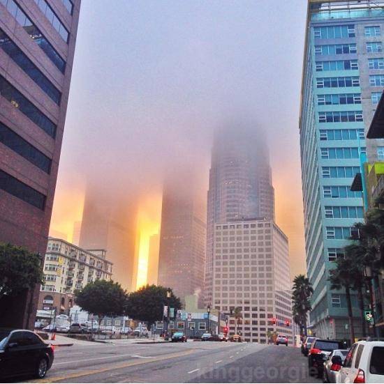 Took this picture the other morning on my way to work. Sunrise with thick fog made downtown LA look like it was on fire.