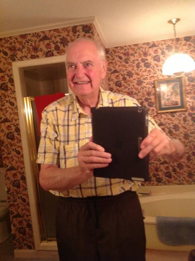 We got my boyfriend's dad an iPad for his 70th birthday. He promptly did this...