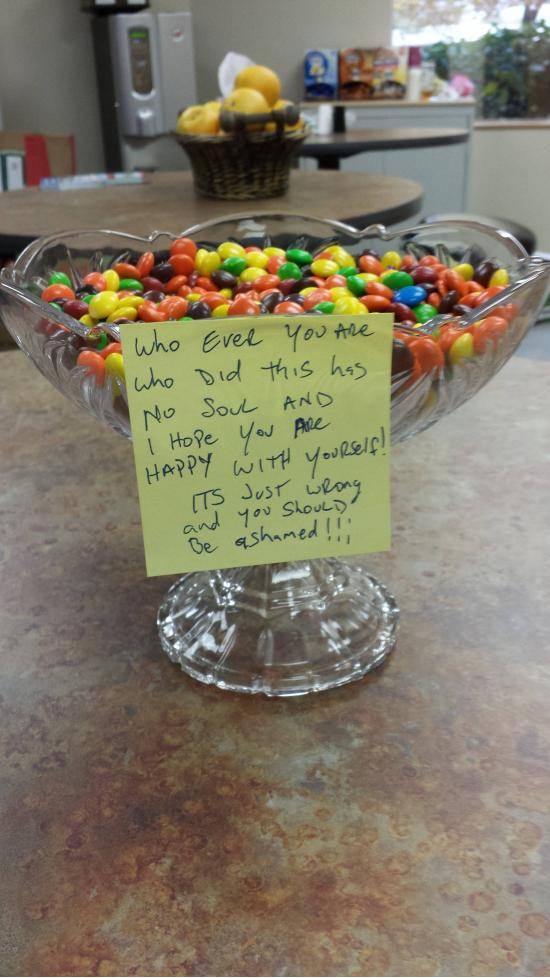 I put a bowl of Skittles, M&M’s, and Reese’s Pieces in the break room this morning. Went in there at lunch to find this.