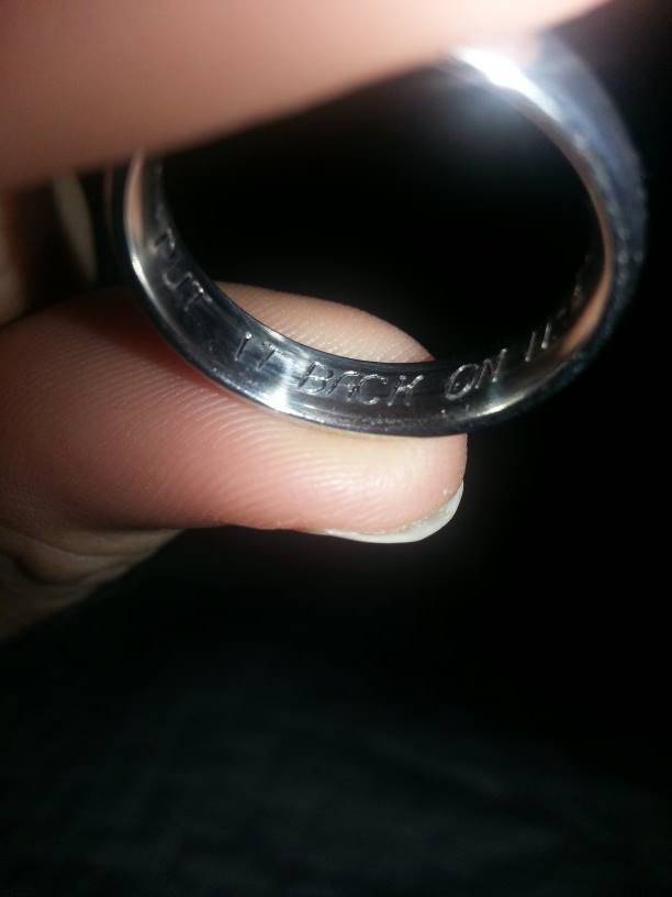 My friend got married and is complaining about his ring's engraving irritating his finger. He's rather conflicted about the situation