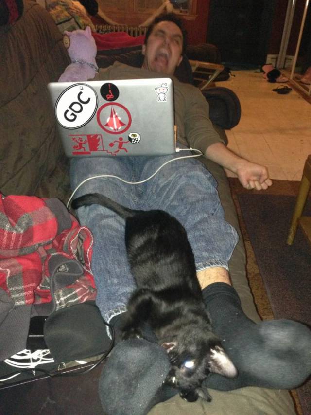 My attempt at taking a cute picture of the cat napping on my boyfriend was thwarted.