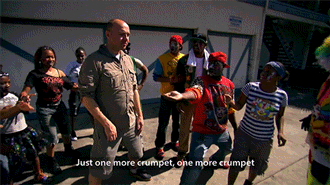 Karl Pilkington invents the crumpet dance.