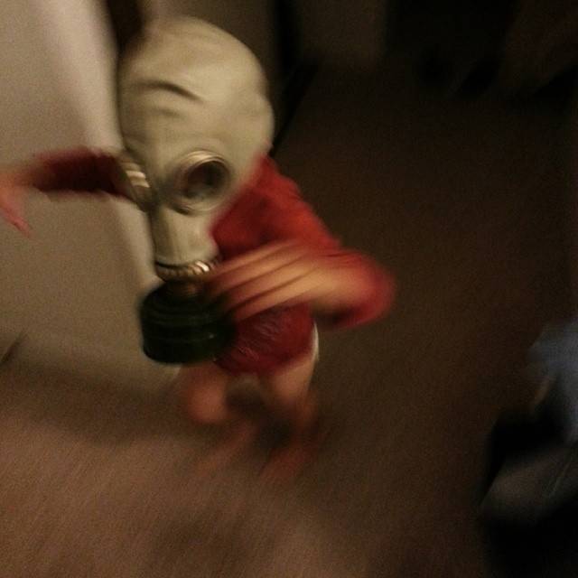 My 2 1/2 year old son and I like to scare each other. Last night he came running out of my room (lights off) with this on and scared the hell out of me