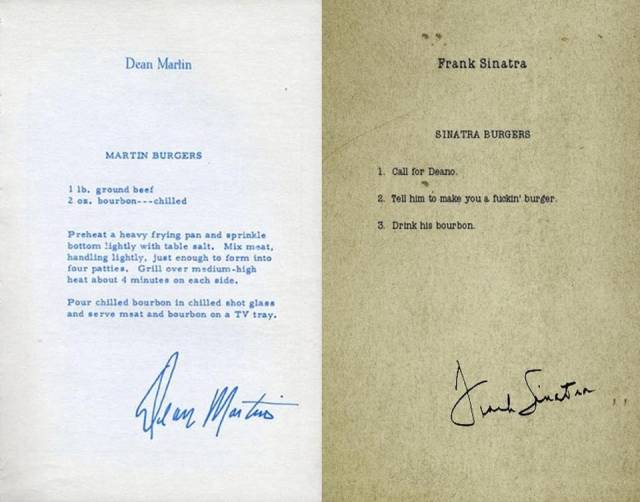Frank Sinatra and Dean Martins' respective burger recipes.