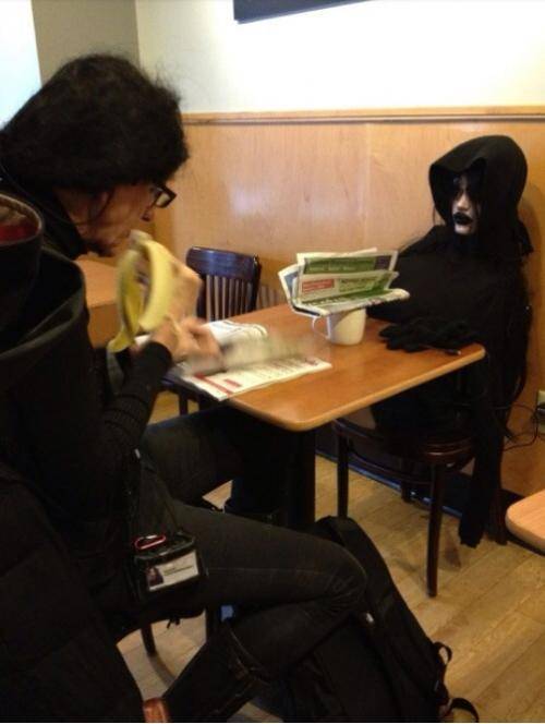 Man who eats breakfast with his mannequin head in Starbucks.