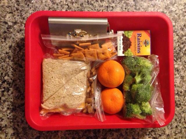 Packed our son's school lunch. We were out of juices boxes, so I improvised.