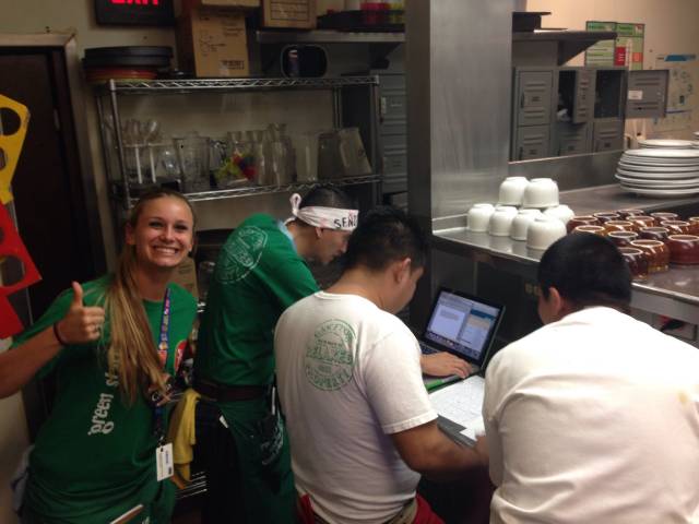 Every Sunday I see them huddled in the back...today I learned that the cute white blonde girl has been manipulating all the Mexican cooks into doing her Spanish homework!