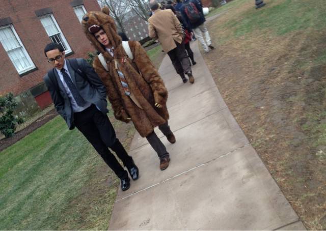 My school requires a full suit and tie dress code. However a coat is allowed in the winter...
