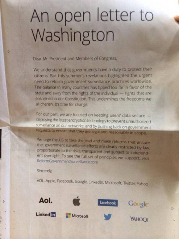 Apple, Google, Microsoft, LinkedIn, Yahoo, Facebook, Twitter, and Aol put this full page spread about government surveillance in the New York Times.