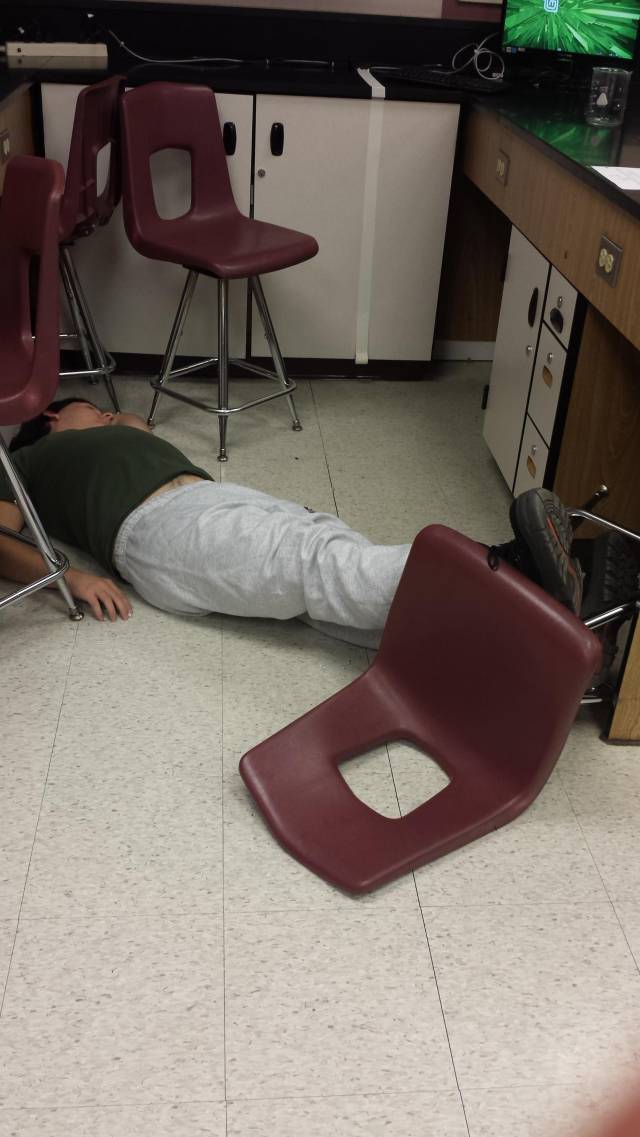 It is finals week. This guy fell out of his chair onto the floor, laughed at himself for about 30 seconds, then just fell asleep and took a nap on the floor for a solid 40 minutes.