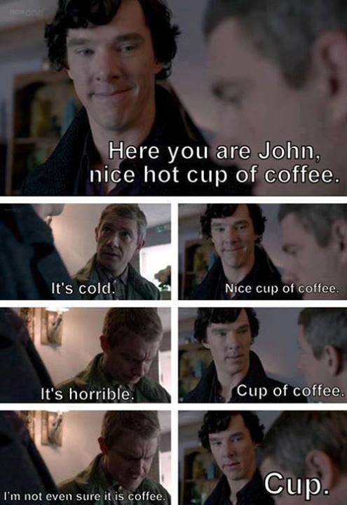 Sherlock offers John a cup of coffee 