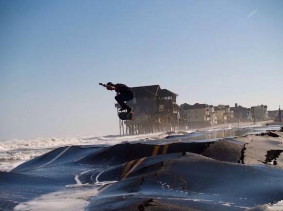My friend skating the broken roads by my house during hurricane Sandy on the Outer-Banks of North Carolina.