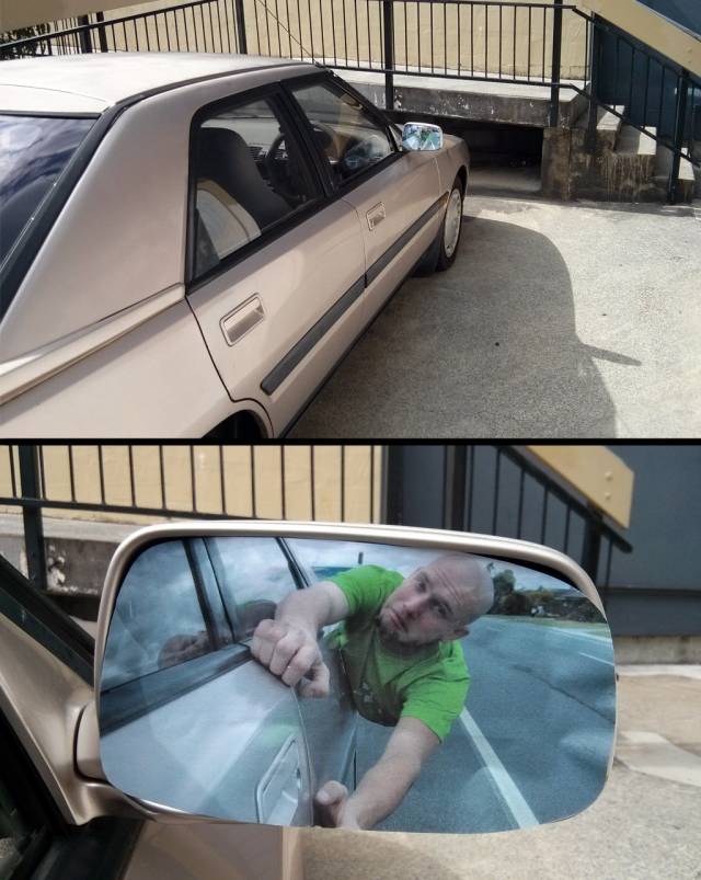 My friend somehow snuck a picture of himself onto my cars side mirror.