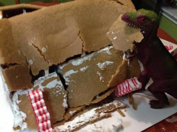 When your gingerbread house fails...add dinosaur.