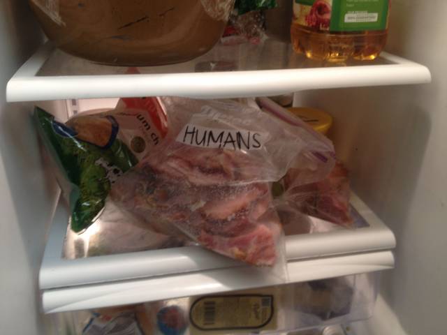 My brother labeled our Christmas leftovers so we could differentiate between our food and the dog's. My mom gasped when she opened the fridge.