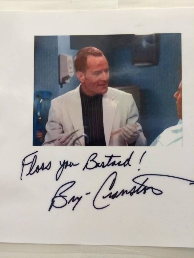 Worked at AMC Channel for a few years. Bryan Cranston came to the office and I got him to sign a Tim Watley picture and he wrote this for me.