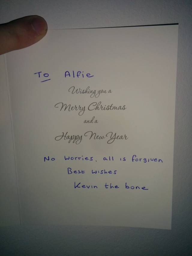 So my dog bit the postman earlier this year... this is his Christmas card.