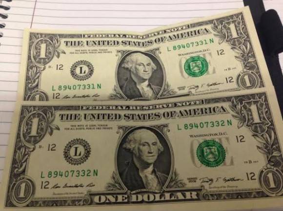 Was looking through my wallet today and noticed that I have consecutive serial numbers on two of my $1 bills...from 2009.