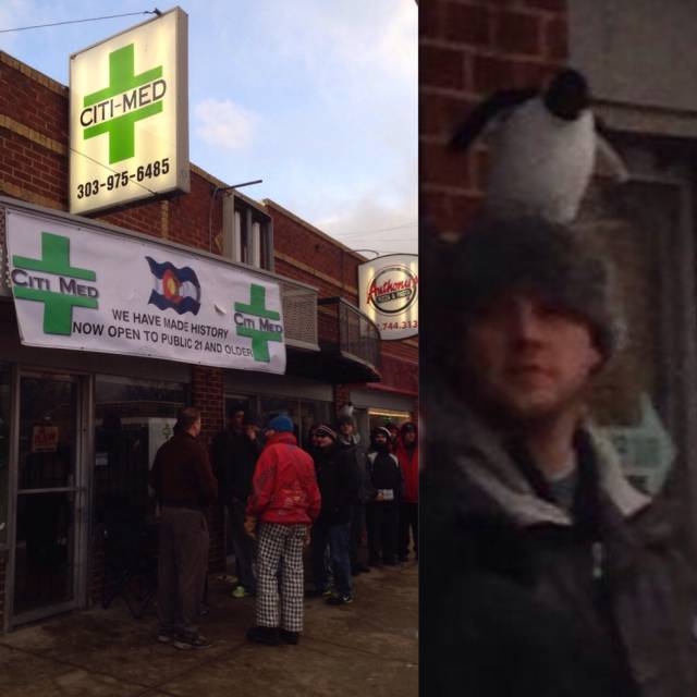 Everybody's out buying their legal weed, and this guy's just standing here with a penguin on his head.
