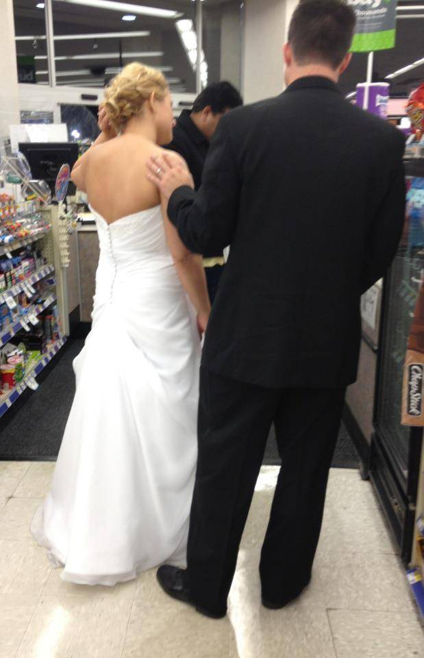 Saw this newlywed couple in Walgreens buying condoms. The guy ahead of them bought them a bottle of wine