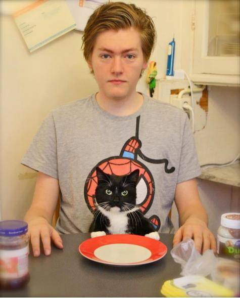My cat often joins us at the breakfast table