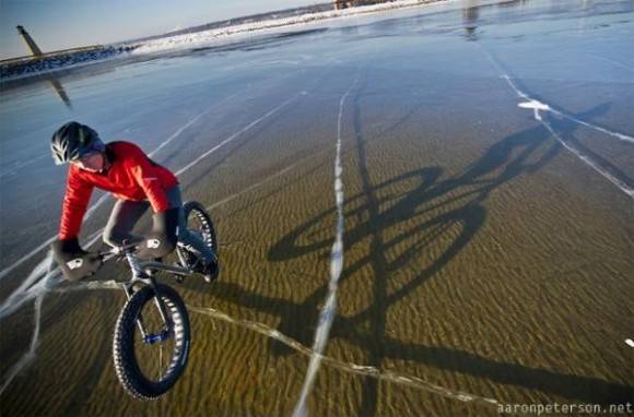 Biking over a frozen lake