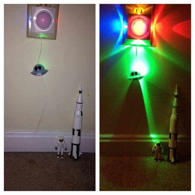 Saw this in lil man's room-then turned the light off as I left,...the mind of a child!