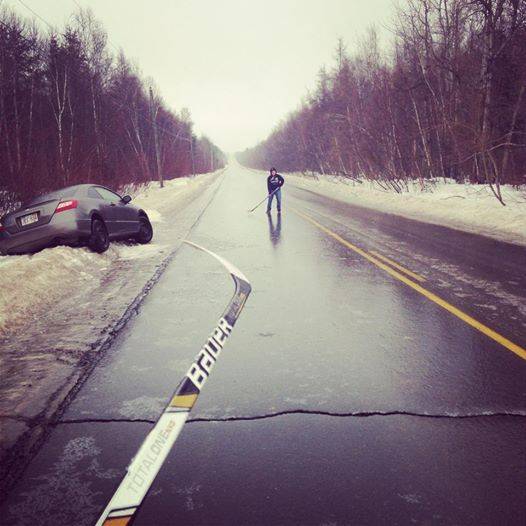 Only in Canada .. The roads are so icy, they did this while waiting for the tow truck to come.