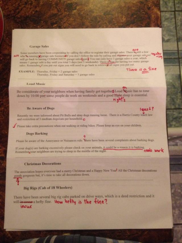 My homeowners association mailed this to me. I went full English teacher on it. Sending it back with notes.
