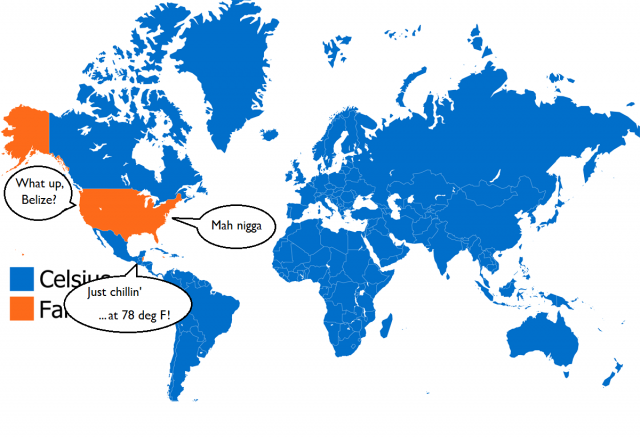 Map showing countries that still use Fahrenheit as a temperature scale