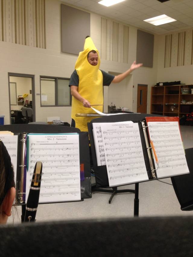 My band director lost a bet and had to wear a banana suit all day!