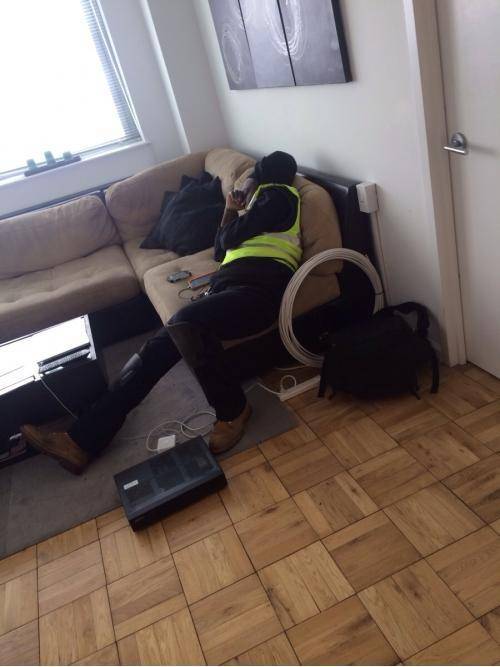 So the Time Warner technician just fell asleep on my couch