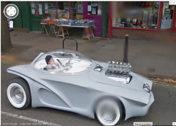 A friend and I found this futuristic badass contemplating life on Google Maps.