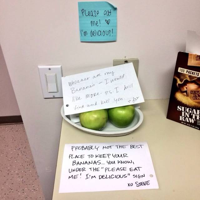 My co-worker left an angry note about her food being stolen. Clearly she missed something...