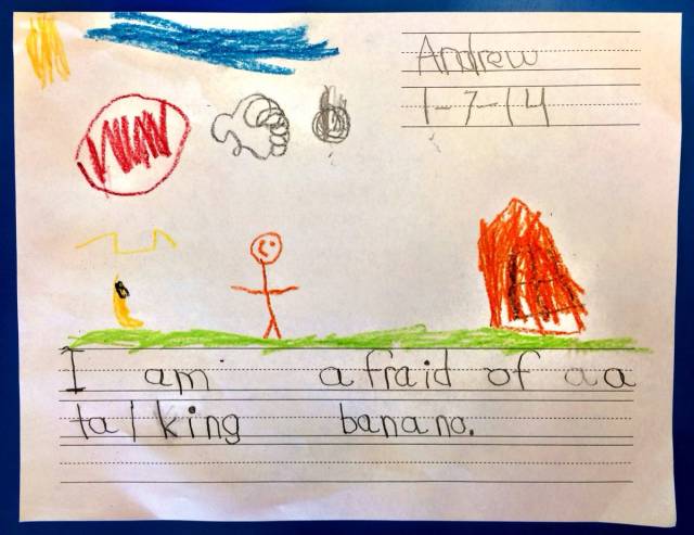 My 5 year old son was asked to write about what he feared most for his daily journal topic at school...