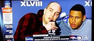 Guy runs on camera during Super Bowl post game