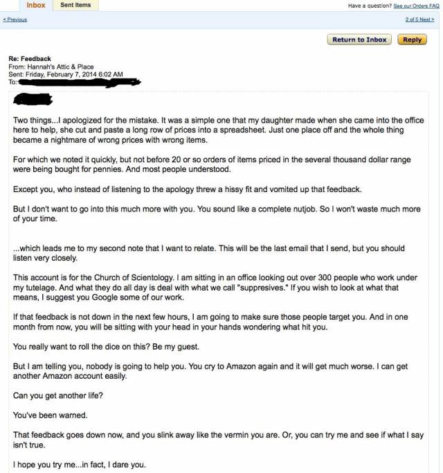 Hannah's Attic and Place, angry over some negative feedback on Amazon, threatens to unleash the POWER OF SCIENTOLOGY unless it gets removed.